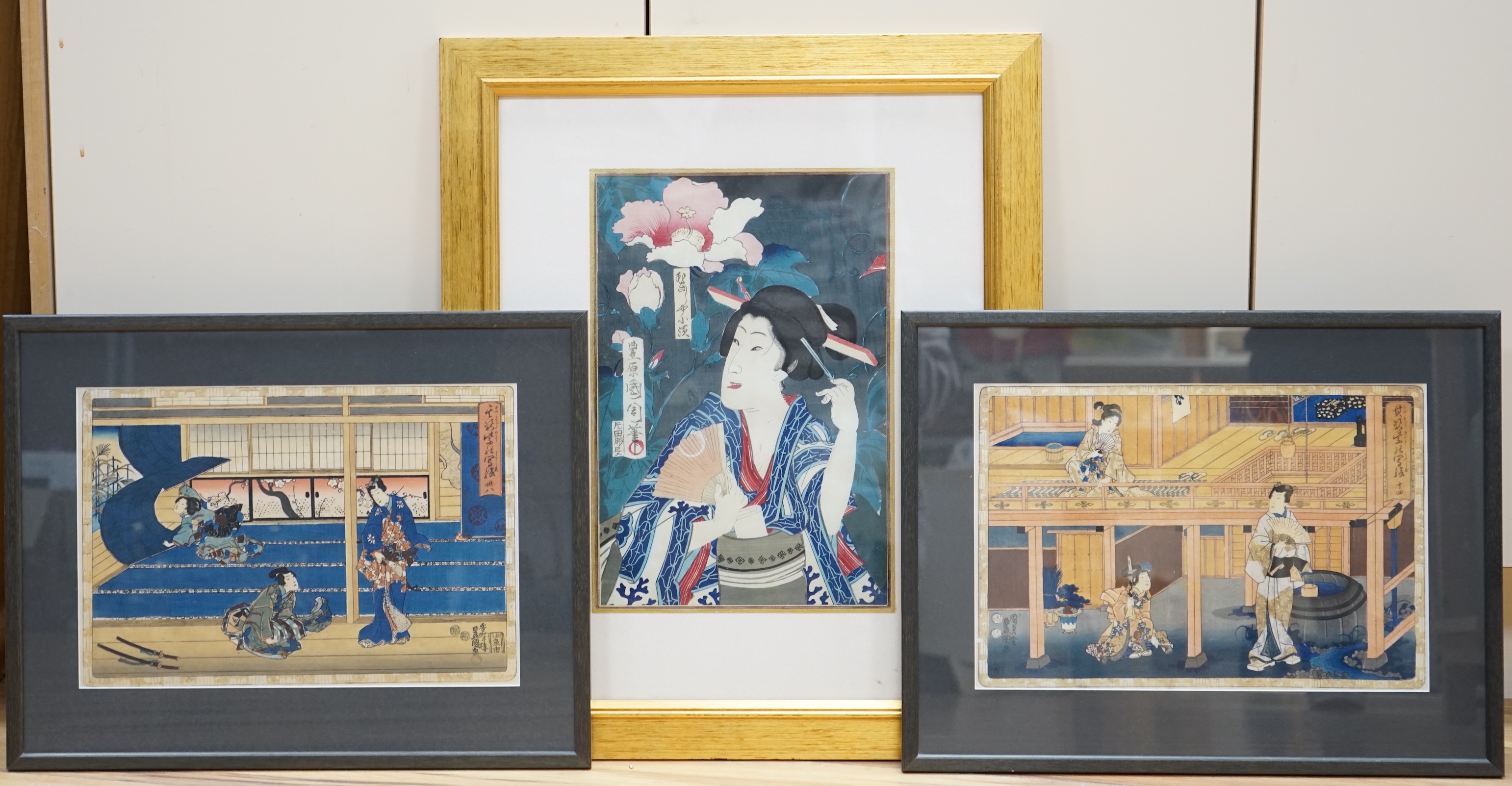 Three Japanese woodblock prints including after Toyohara Kunichika (1835-1900) Lady with flowers, with toshidama seal of the Utagawa School and after Utagawa Kunisada (1786-1865) Gust of wind, largest 35 x 23cm